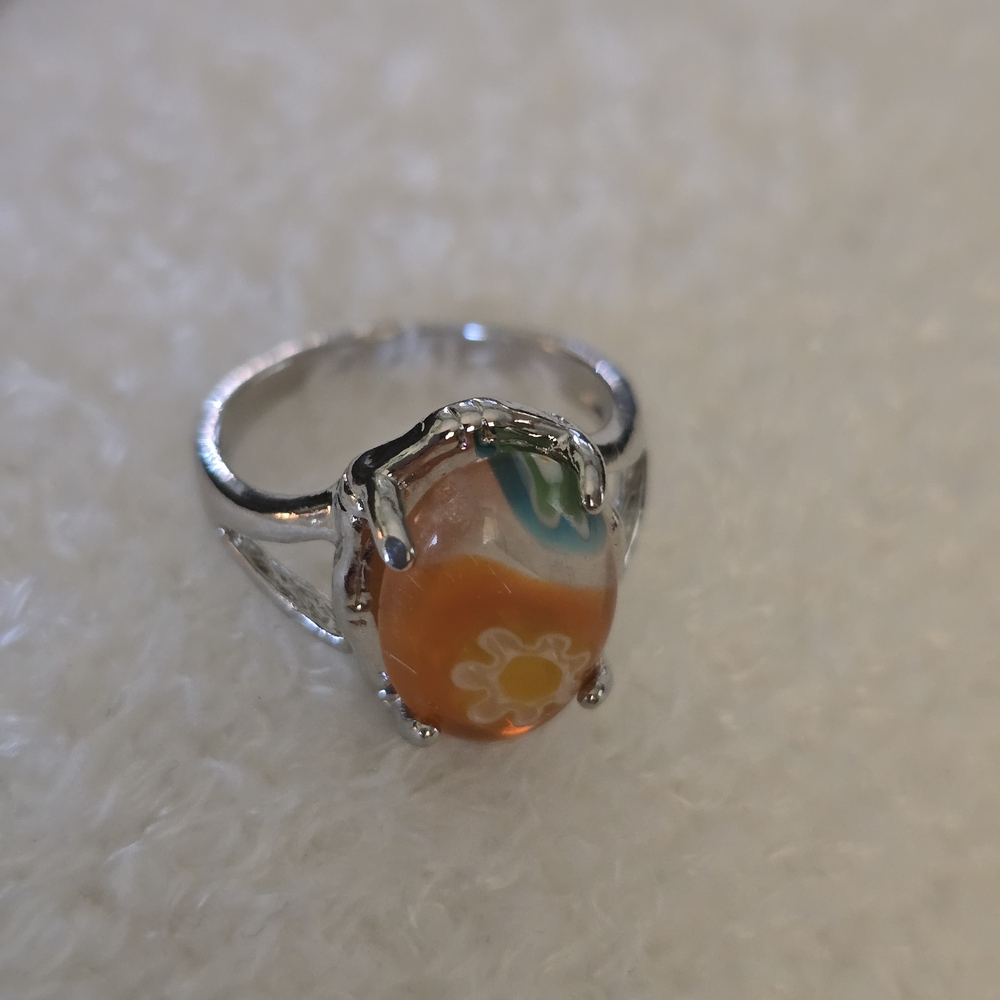 Silver and Orange Floral Ring